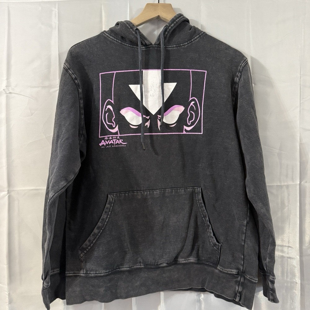 Avatar The Last Airbender Mens S Anime Black Acid Washed Hoodie Sweatshirt Faded